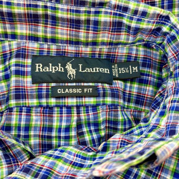 Polo Ralph Lauren Classic Fit Button Down Shirt Men 15 1/2 M Blue Plaid Red Pony - Picture 4 of 4